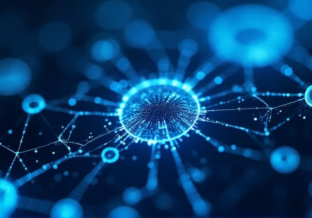 Futuristic digital workspace visualization with interconnected neural nodes