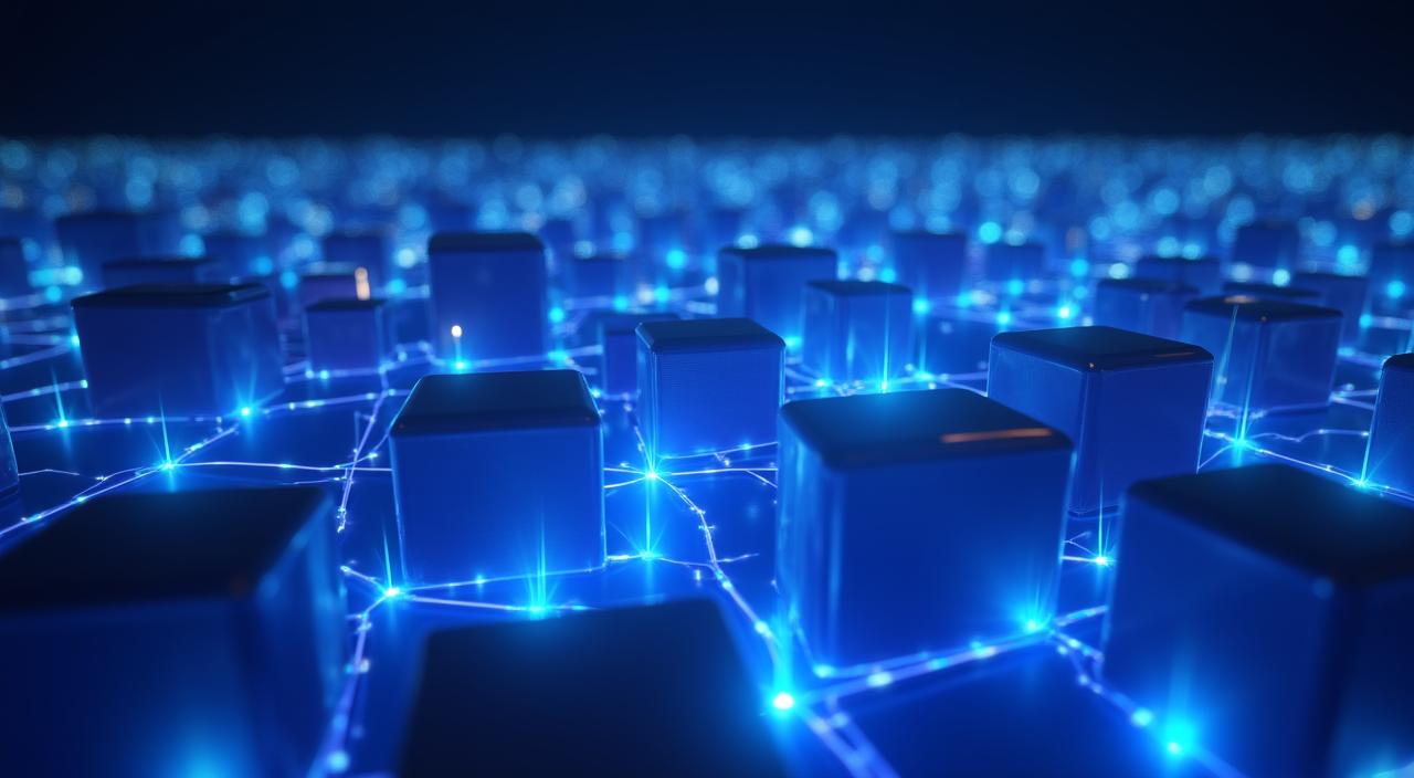 Illustration of modern digital silos being connected by light beams