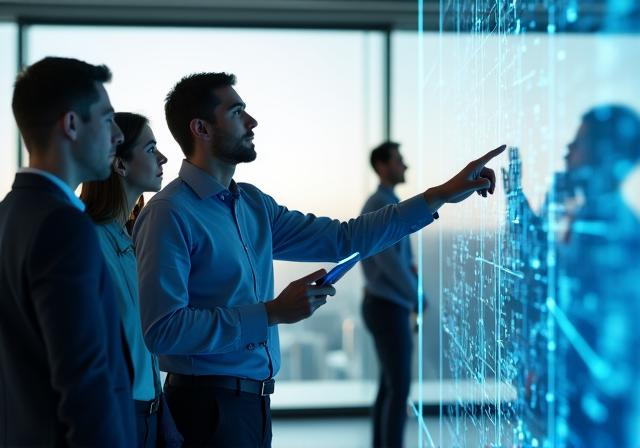 A team of data analysts discussing integration strategies in a glass office