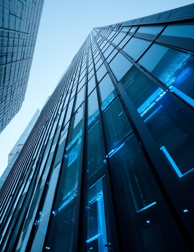 Modern financial building architecture with digital data overlay